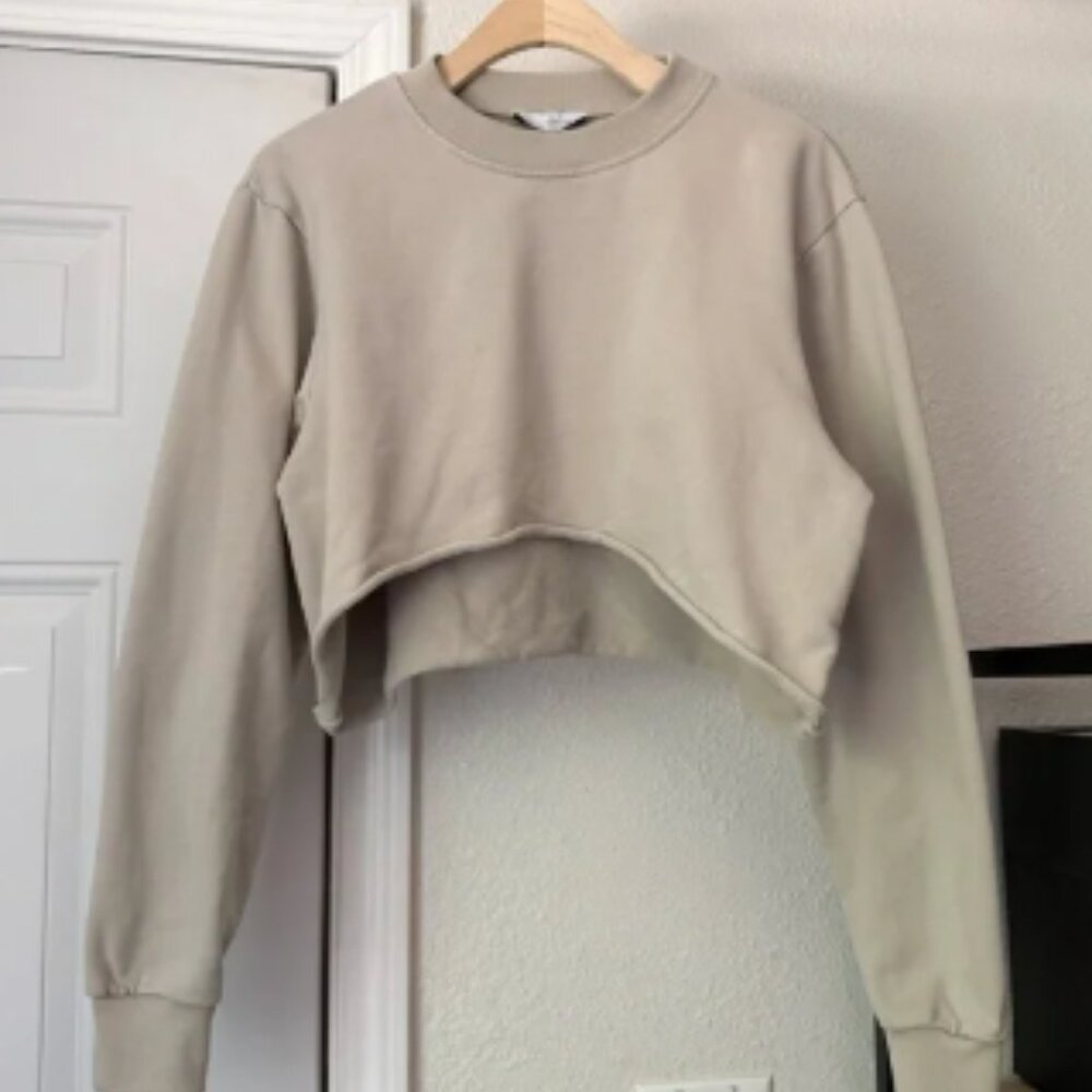 ALL THINGS GOLDEN tan beige cotton blend raw fray cropped boxy sweater